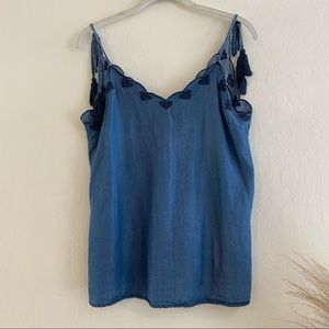 Chambray Embroidered Tie-Strap Tank